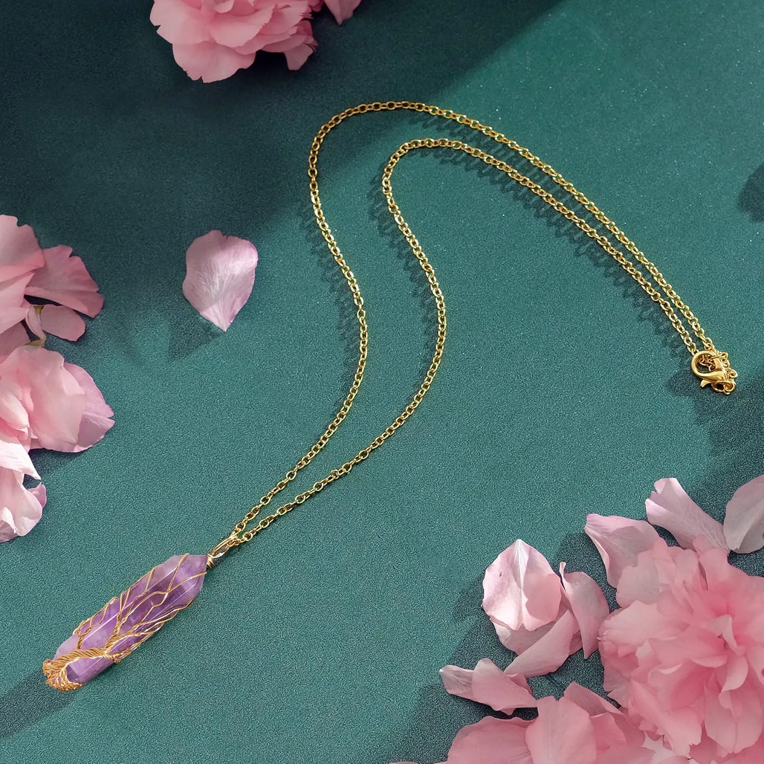VIBILIA Healing Crystal Necklace Tree of Life Wire Wrapped Natural Stone Point Pendant Necklace Hexagonal Reiki Spiritual Quartz Gemstone Jewelry for Women Men