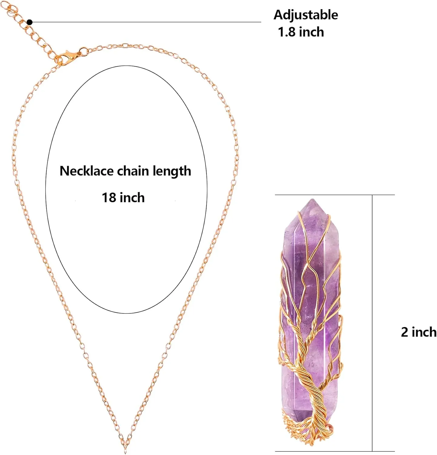 VIBILIA Healing Crystal Necklace Tree of Life Wire Wrapped Natural Stone Point Pendant Necklace Hexagonal Reiki Spiritual Quartz Gemstone Jewelry for Women Men