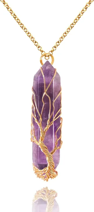 VIBILIA Healing Crystal Necklace Tree of Life Wire Wrapped Natural Stone Point Pendant Necklace Hexagonal Reiki Spiritual Quartz Gemstone Jewelry for Women Men