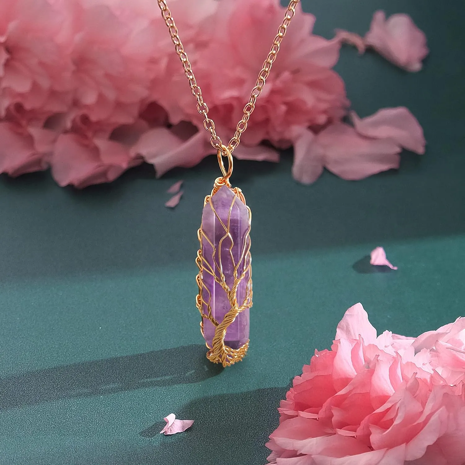 VIBILIA Healing Crystal Necklace Tree of Life Wire Wrapped Natural Stone Point Pendant Necklace Hexagonal Reiki Spiritual Quartz Gemstone Jewelry for Women Men
