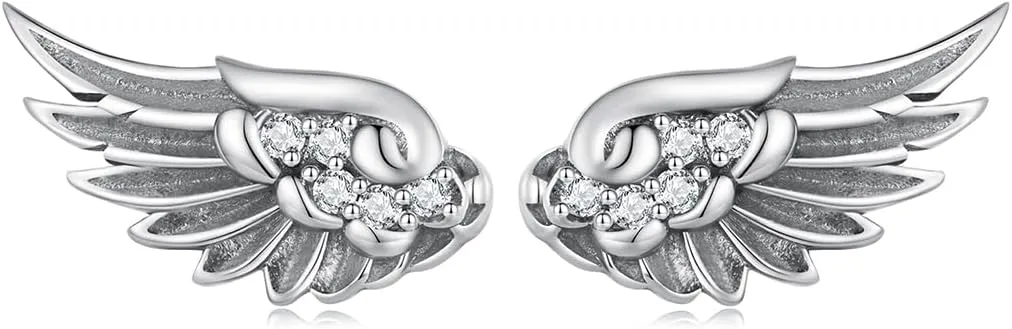 Vintage Angel Wing Stud Earrings for Women Men, 925 Sterling Silver Cubic Zircon Retro Small Wing Earrings Studs Womens Mens Oxidized Silver Hypoallergenic Biker Ear Jewelry Gift