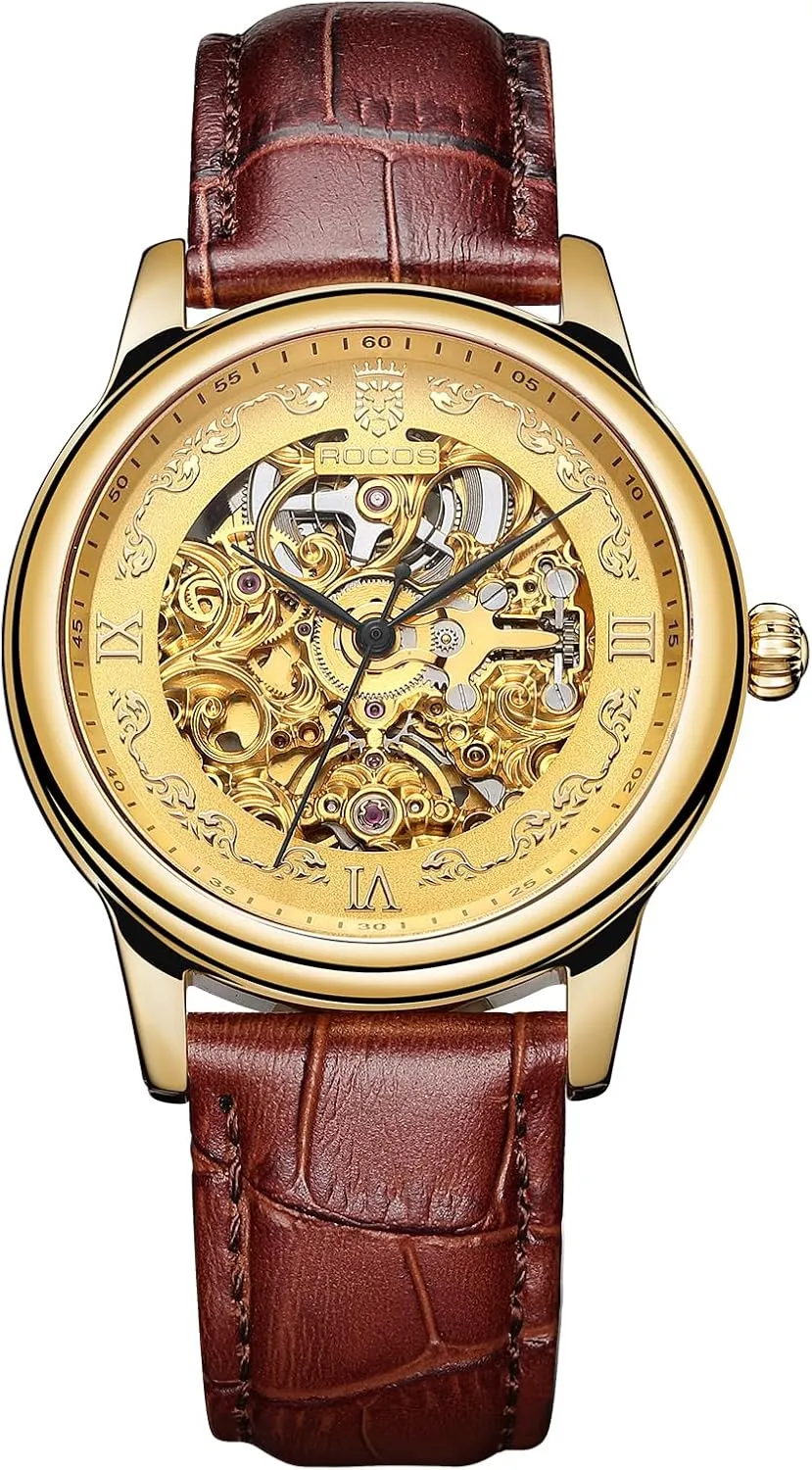 Vintage Fashion Men's Watch Automatic Mechanical Movement Double Skeleton Watch Gold Watch Waterproof Watch for Men R0106