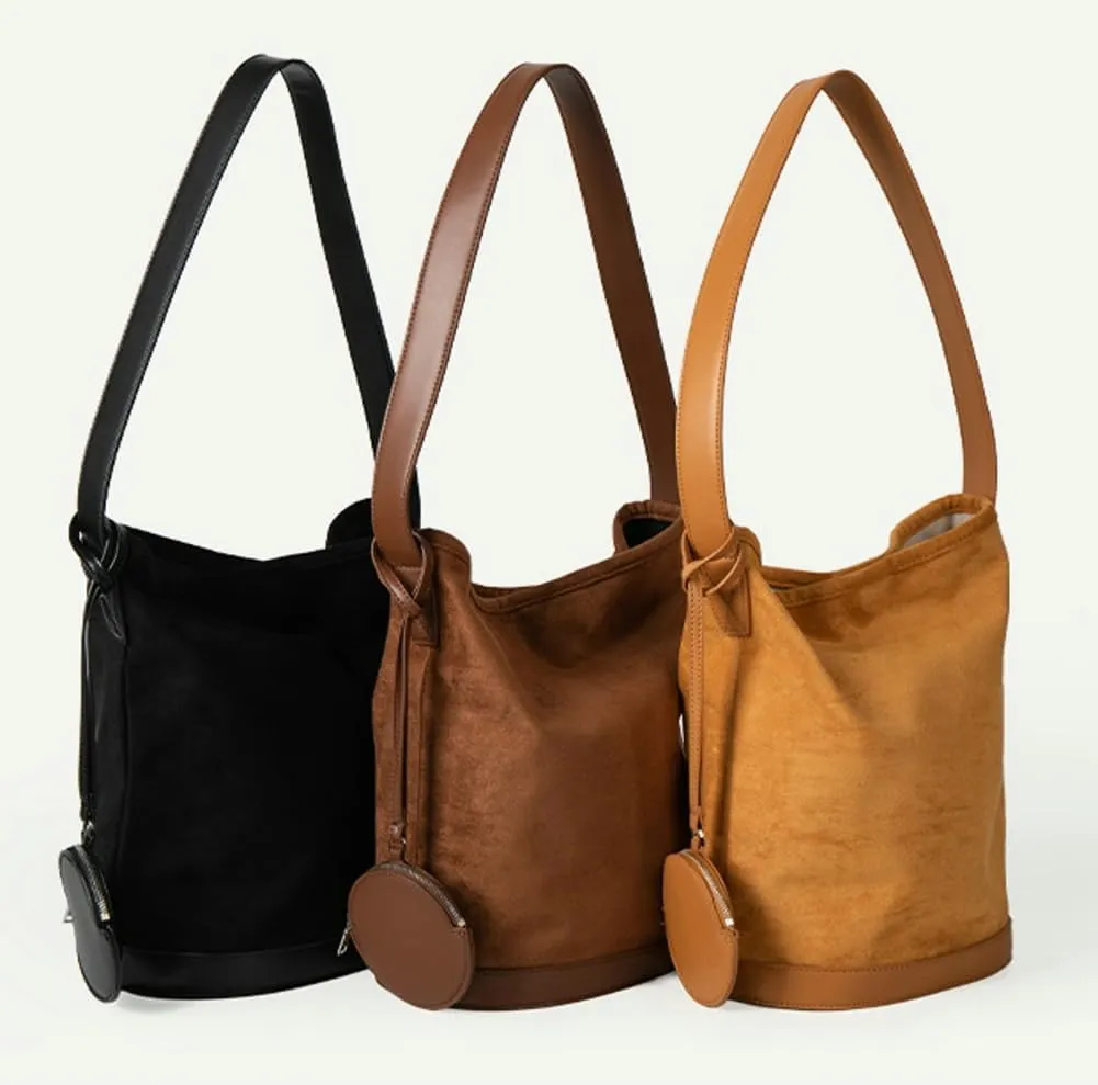 Vintage Suede Bucket Bag for Women Slouchy Handbag Shoulder Bag Fall Suede Purse Top Handle Tote Handbag with Small Purse