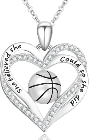 Volleyball/Baseball/Softball/Basketball Necklace Sterling Sliver Sports Ball Pendant Necklace Heart Jewelry Gifts for Women Sports Fans Lovers Players
