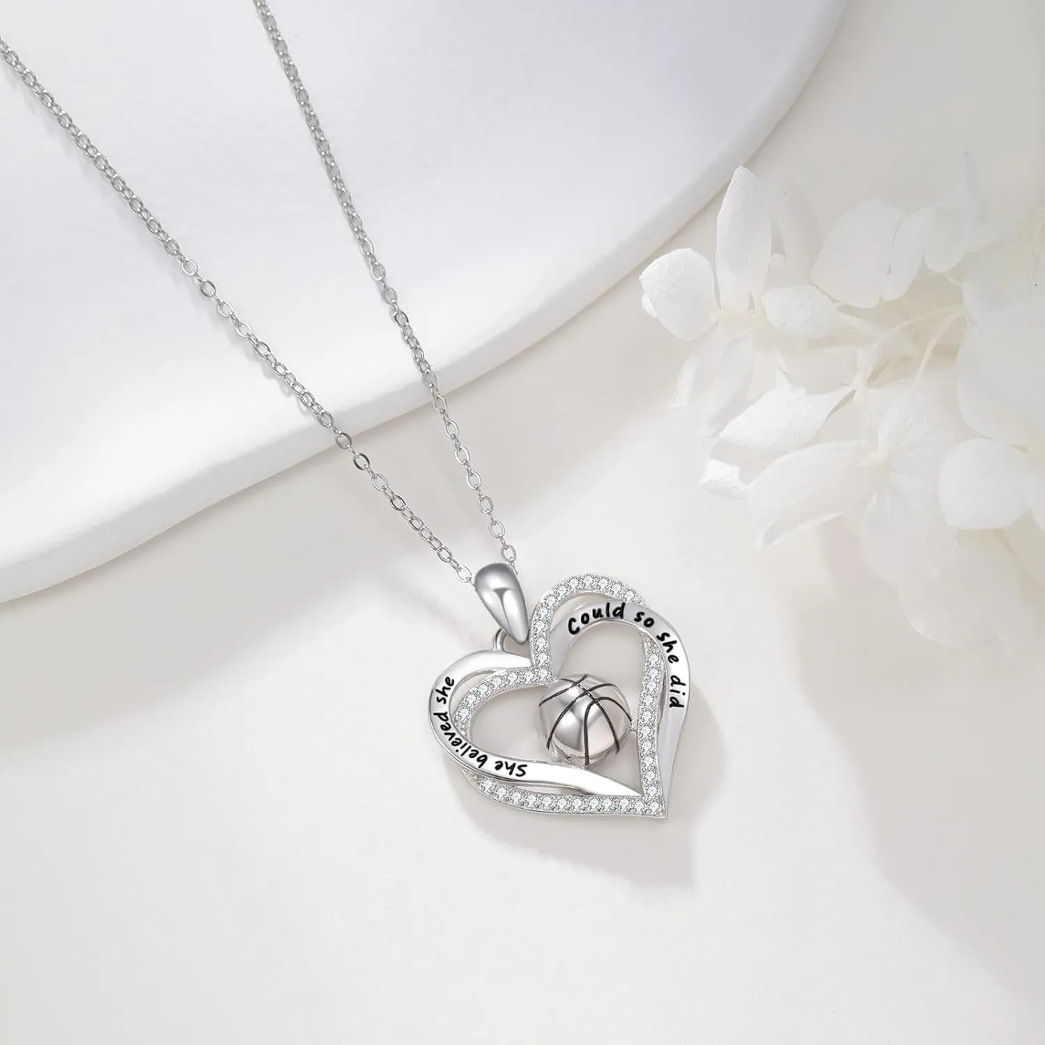 Volleyball/Baseball/Softball/Basketball Necklace Sterling Sliver Sports Ball Pendant Necklace Heart Jewelry Gifts for Women Sports Fans Lovers Players