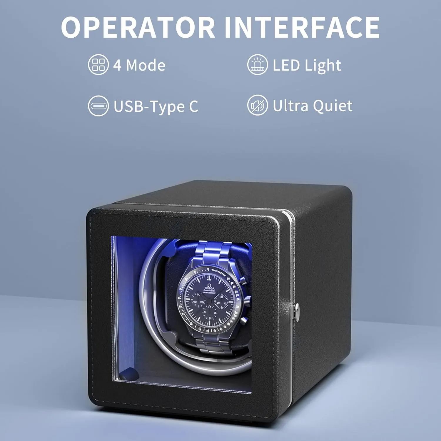 Watch Winder,Automatic Single Watch Winder with Quiet Motor,4 Rotation Mode Setting Built-in LED Light Type-C Suitable for Men's and Women's Christmas, Gifts(Black)
