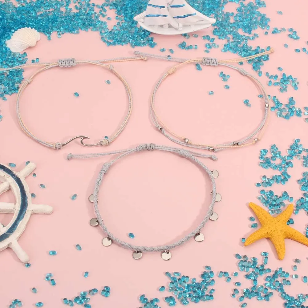 Waterproof String Anklets Cute Beaded Ankle Bracelets Beach Wave Anklet Stainless Steel Coin Boho Ankle Jewelry for Women