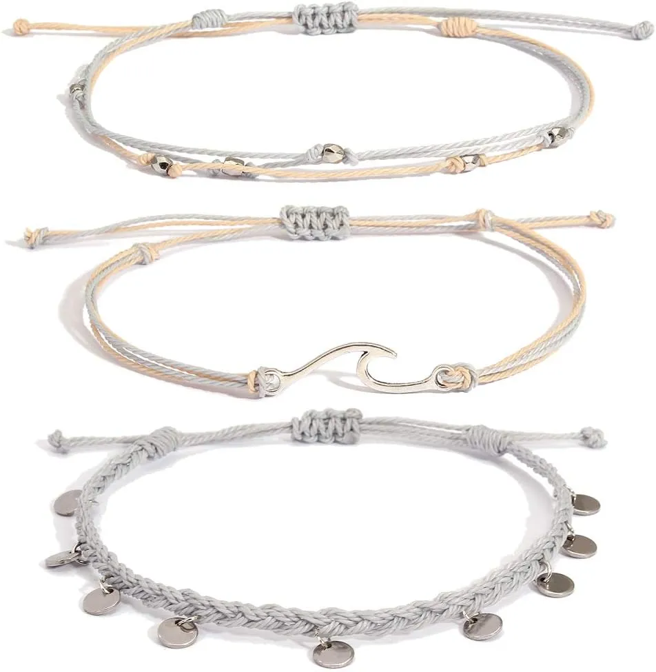 Waterproof String Anklets Cute Beaded Ankle Bracelets Beach Wave Anklet Stainless Steel Coin Boho Ankle Jewelry for Women