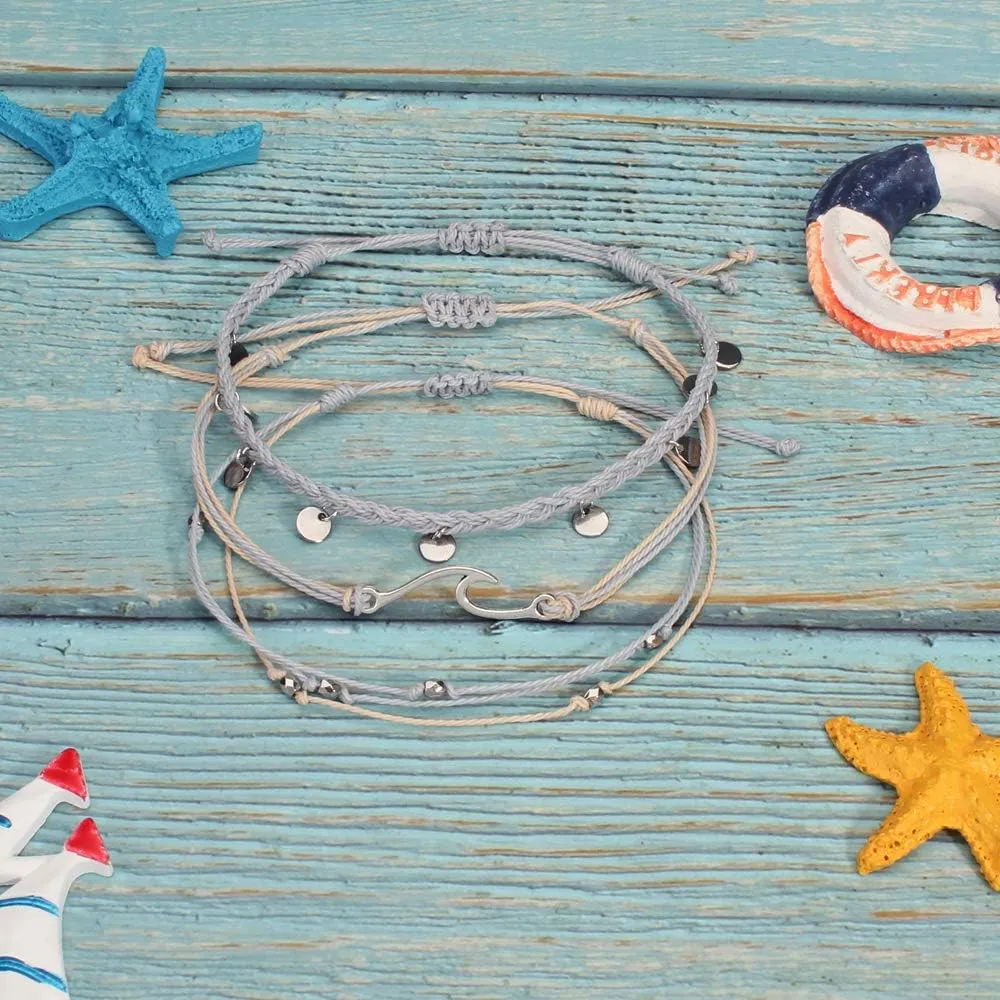 Waterproof String Anklets Cute Beaded Ankle Bracelets Beach Wave Anklet Stainless Steel Coin Boho Ankle Jewelry for Women