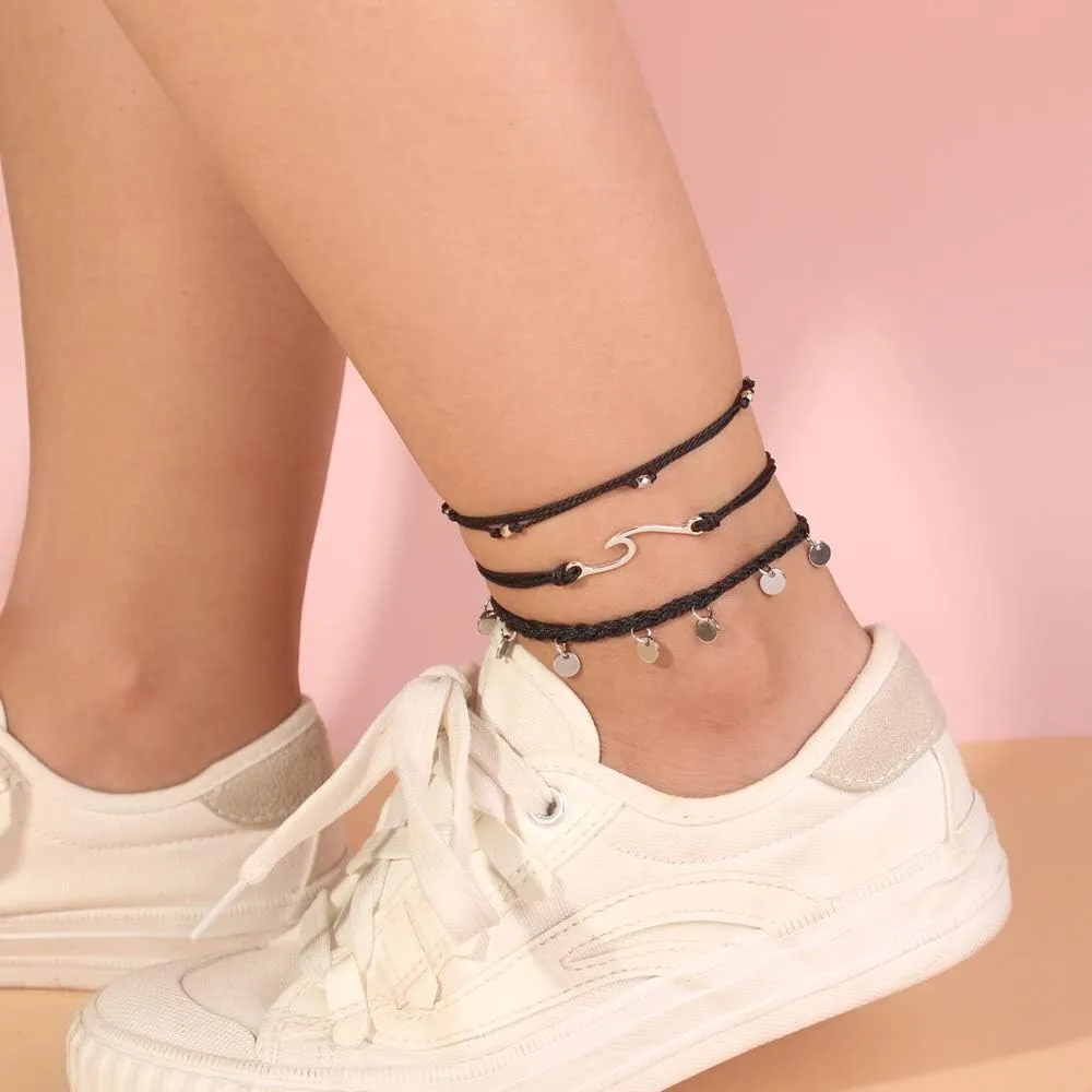 Waterproof String Anklets Cute Beaded Ankle Bracelets Beach Wave Anklet Stainless Steel Coin Boho Ankle Jewelry for Women