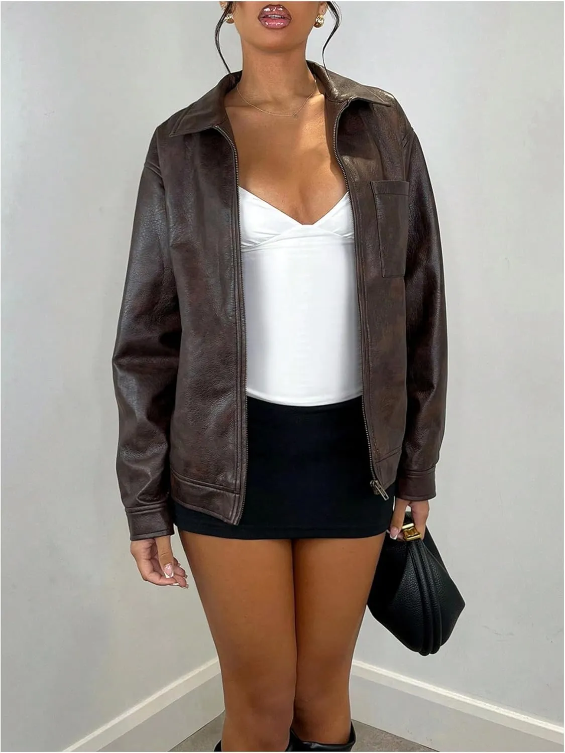 WDIRARA Women's Zip Up PU Leather Jacket Long Sleeve Motorcycle Jacket Outerwear
