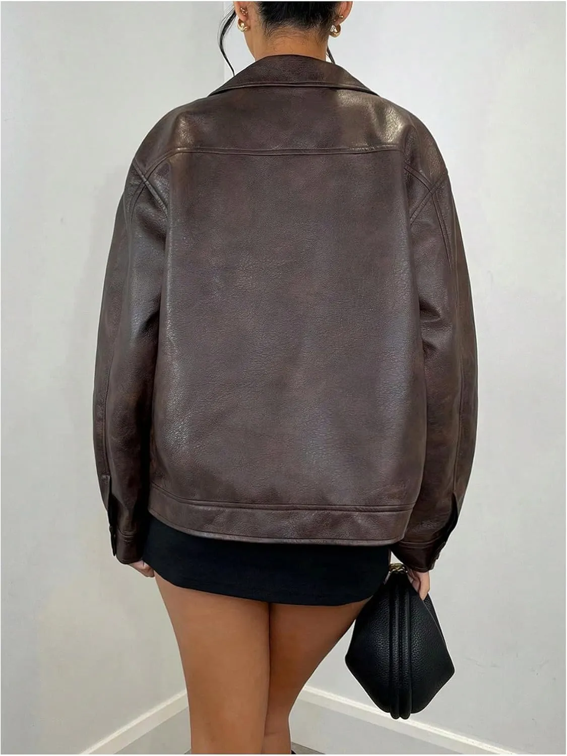 WDIRARA Women's Zip Up PU Leather Jacket Long Sleeve Motorcycle Jacket Outerwear