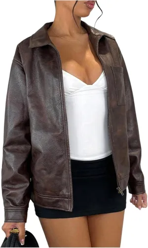 WDIRARA Women's Zip Up PU Leather Jacket Long Sleeve Motorcycle Jacket Outerwear