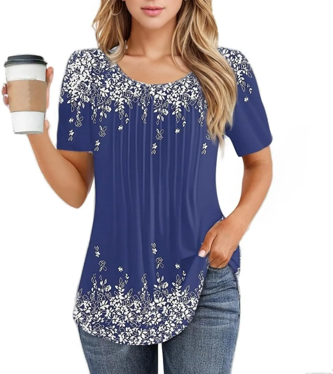 Western Tops for Women Casual Floral Print Summer Tops Pleated Short Sleeve Loose Tunic T Shirt Blouse Outfit