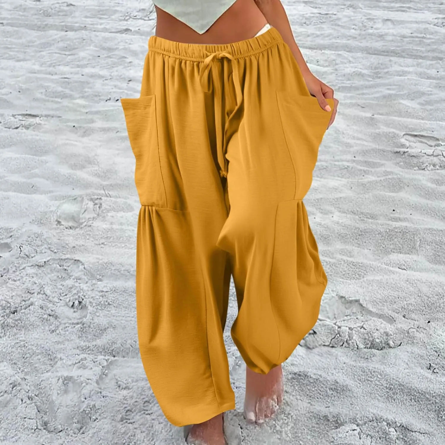 Wide Leg Harem Pants Women with Pockets Summer Casual Drawstring Plus Size Palazzo Pants 2025 Flowy Beach Cropped Pant
