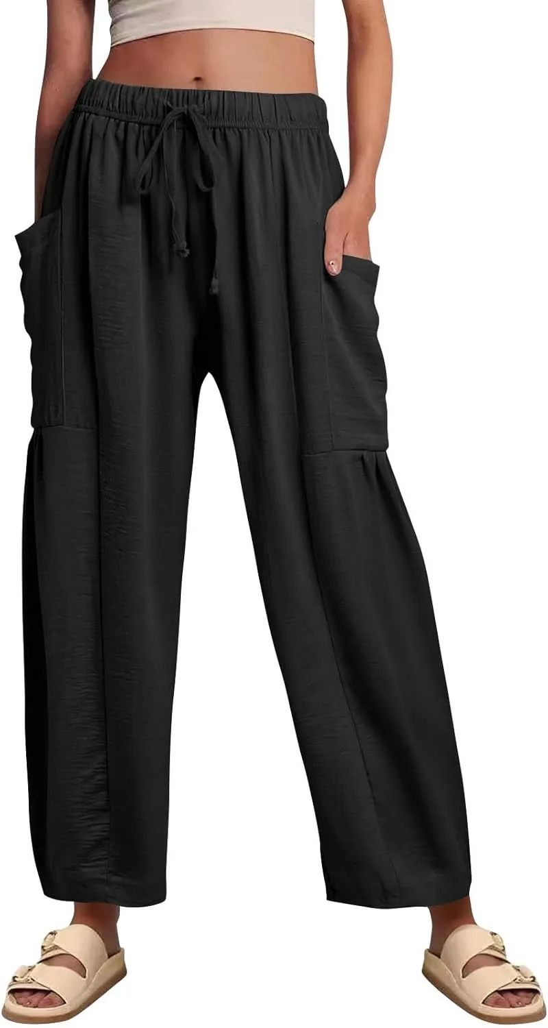 Wide Leg Harem Pants Women with Pockets Summer Casual Drawstring Plus Size Palazzo Pants 2025 Flowy Beach Cropped Pant
