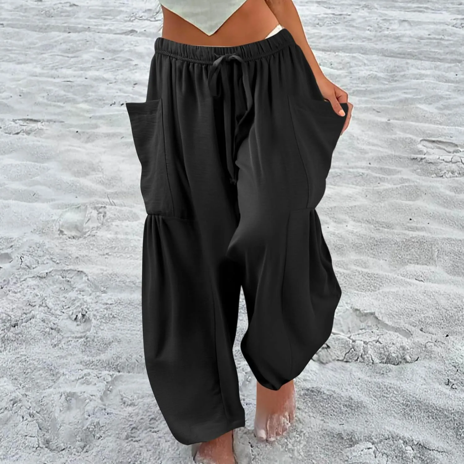 Wide Leg Harem Pants Women with Pockets Summer Casual Drawstring Plus Size Palazzo Pants 2025 Flowy Beach Cropped Pant