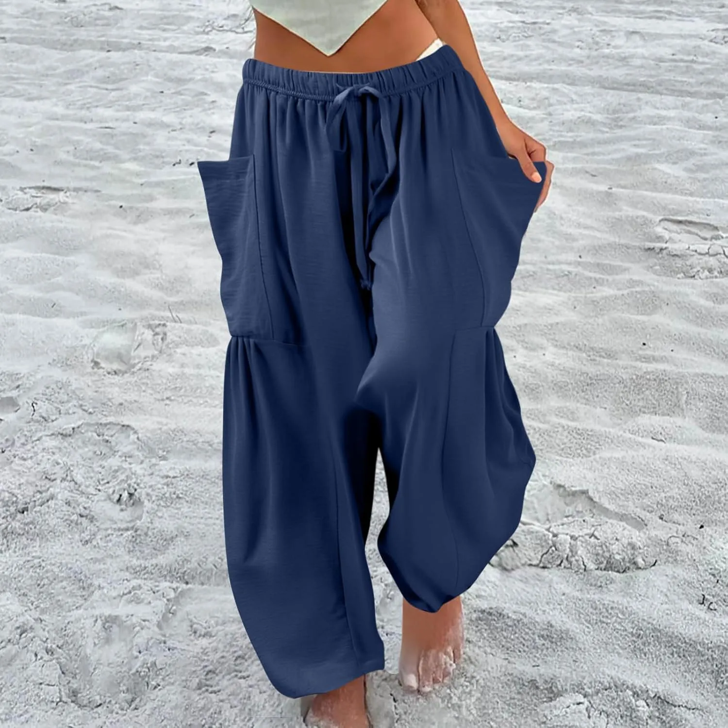 Wide Leg Harem Pants Women with Pockets Summer Casual Drawstring Plus Size Palazzo Pants 2025 Flowy Beach Cropped Pant
