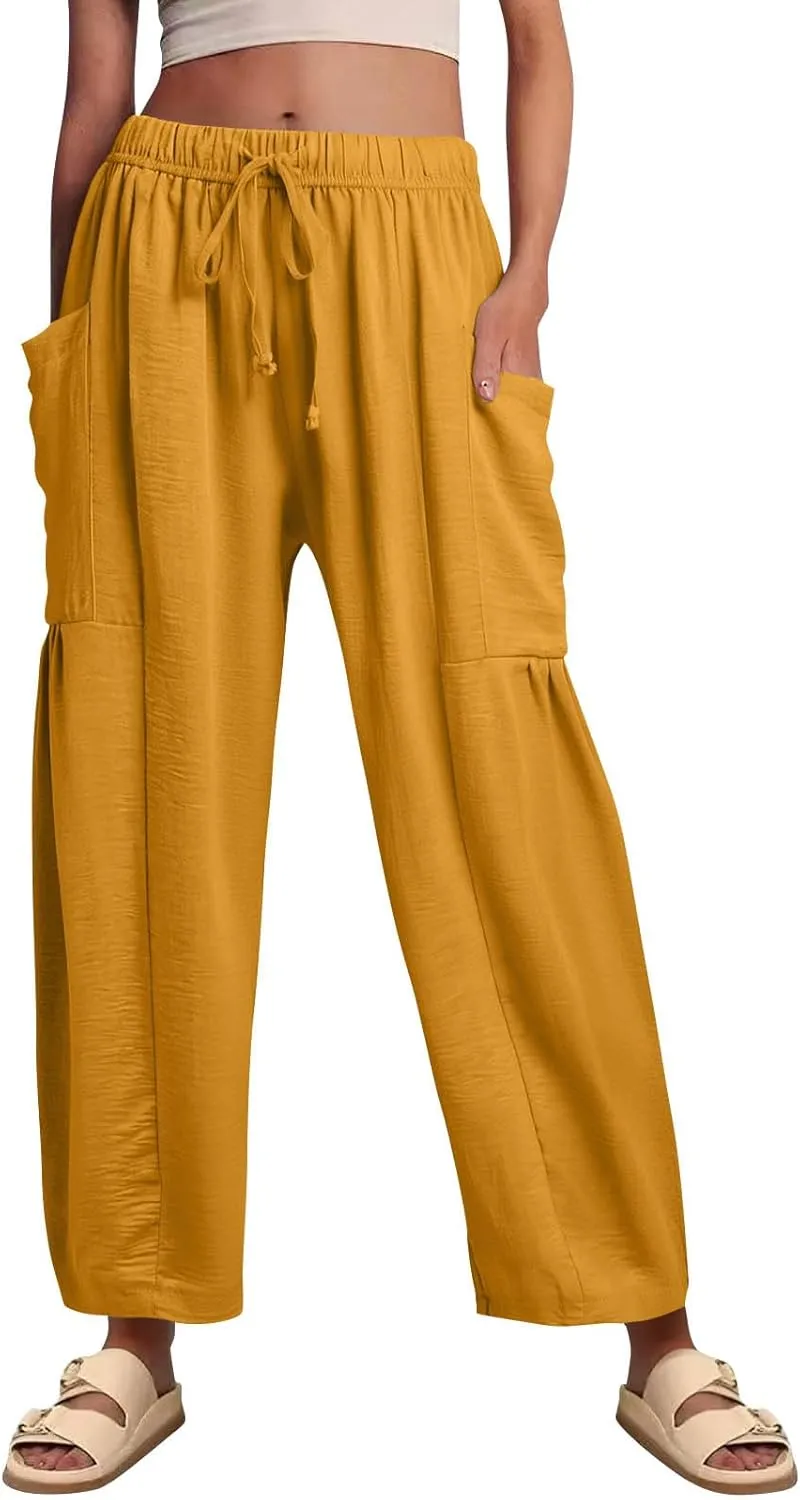 Wide Leg Harem Pants Women with Pockets Summer Casual Drawstring Plus Size Palazzo Pants 2025 Flowy Beach Cropped Pant