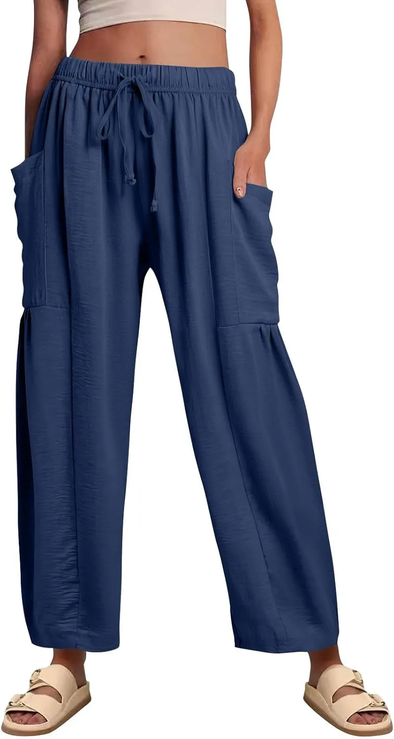 Wide Leg Harem Pants Women with Pockets Summer Casual Drawstring Plus Size Palazzo Pants 2025 Flowy Beach Cropped Pant