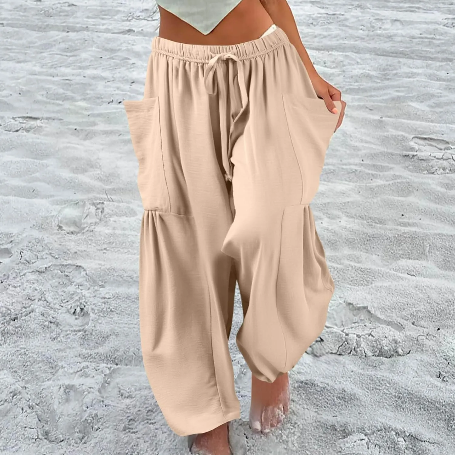 Wide Leg Harem Pants Women with Pockets Summer Casual Drawstring Plus Size Palazzo Pants 2025 Flowy Beach Cropped Pant