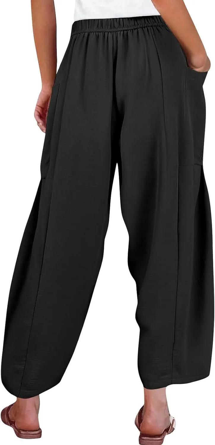 Wide Leg Harem Pants Women with Pockets Summer Casual Drawstring Plus Size Palazzo Pants 2025 Flowy Beach Cropped Pant