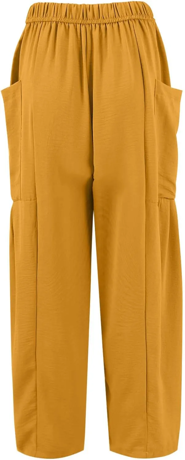 Wide Leg Harem Pants Women with Pockets Summer Casual Drawstring Plus Size Palazzo Pants 2025 Flowy Beach Cropped Pant