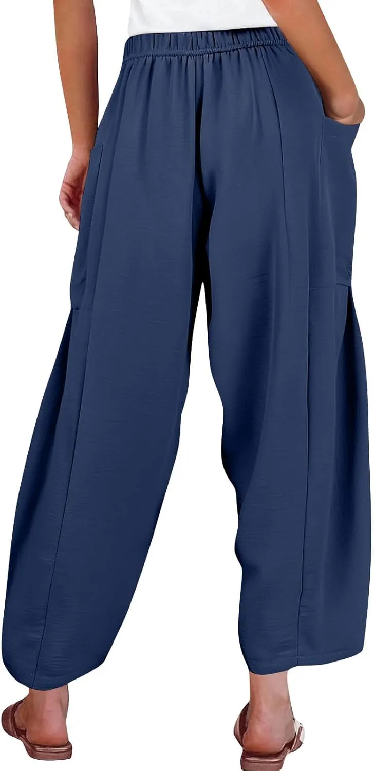 Wide Leg Harem Pants Women with Pockets Summer Casual Drawstring Plus Size Palazzo Pants 2025 Flowy Beach Cropped Pant