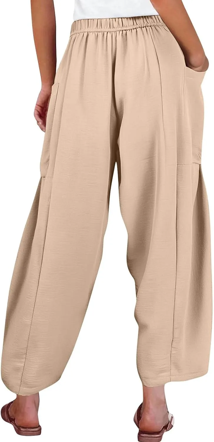Wide Leg Harem Pants Women with Pockets Summer Casual Drawstring Plus Size Palazzo Pants 2025 Flowy Beach Cropped Pant