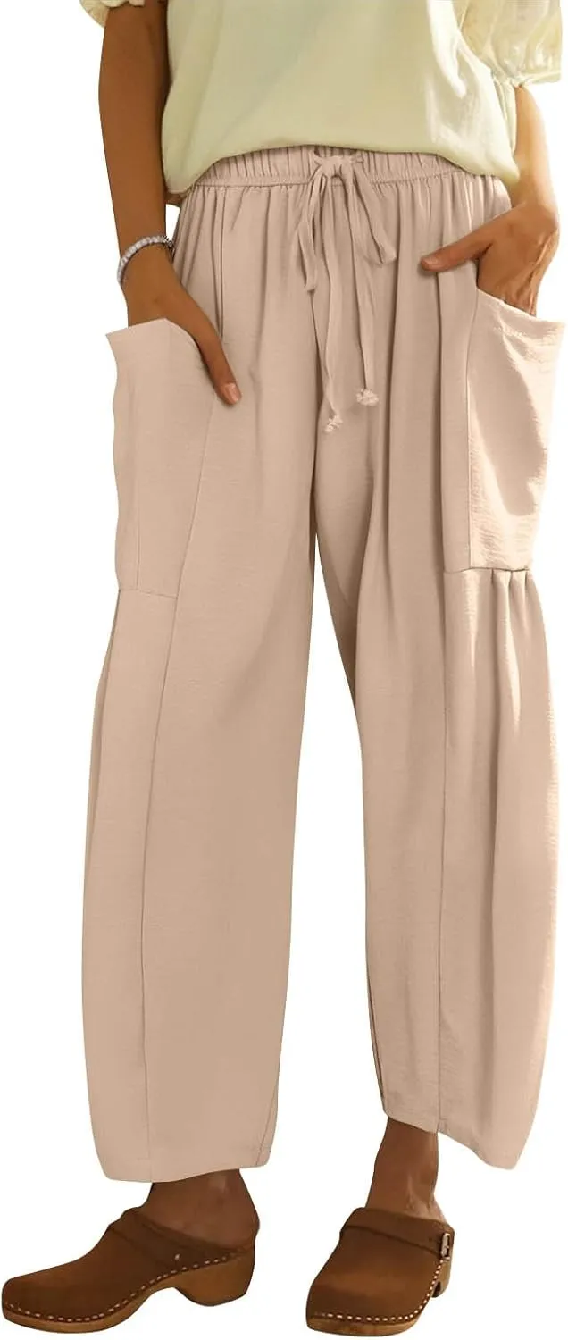 Wide Leg Harem Pants Women with Pockets Summer Casual Drawstring Plus Size Palazzo Pants 2025 Flowy Beach Cropped Pant