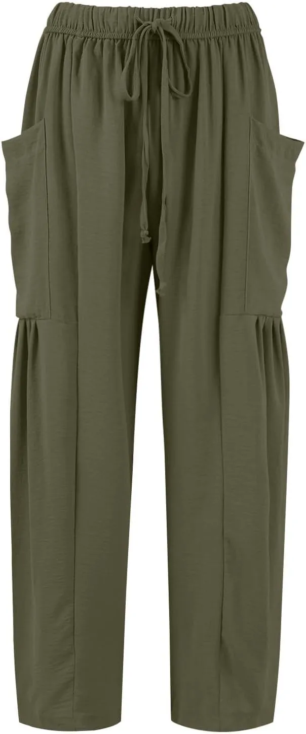 Wide Leg Harem Pants Women with Pockets Summer Casual Drawstring Plus Size Palazzo Pants 2025 Flowy Beach Cropped Pant