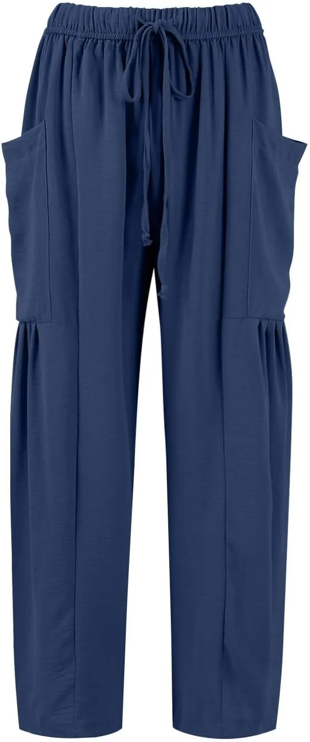 Wide Leg Harem Pants Women with Pockets Summer Casual Drawstring Plus Size Palazzo Pants 2025 Flowy Beach Cropped Pant
