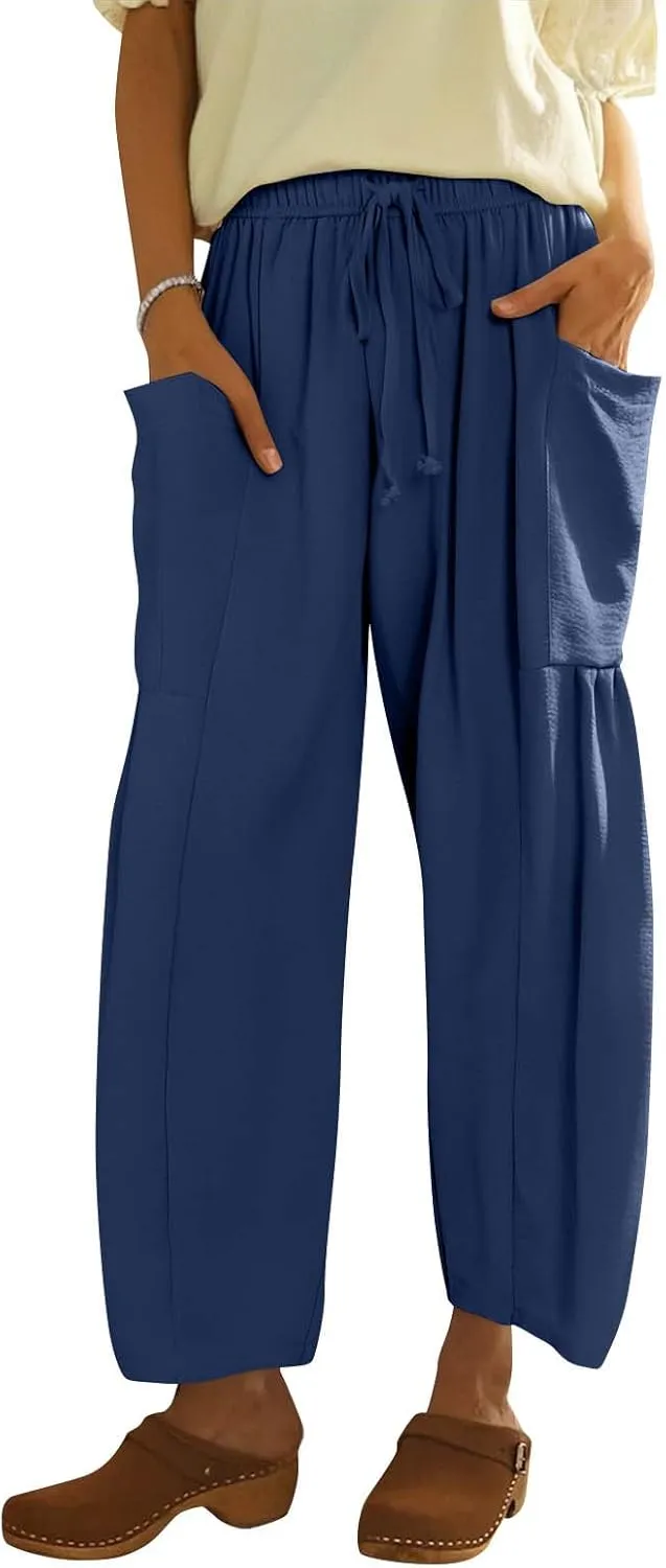 Wide Leg Harem Pants Women with Pockets Summer Casual Drawstring Plus Size Palazzo Pants 2025 Flowy Beach Cropped Pant