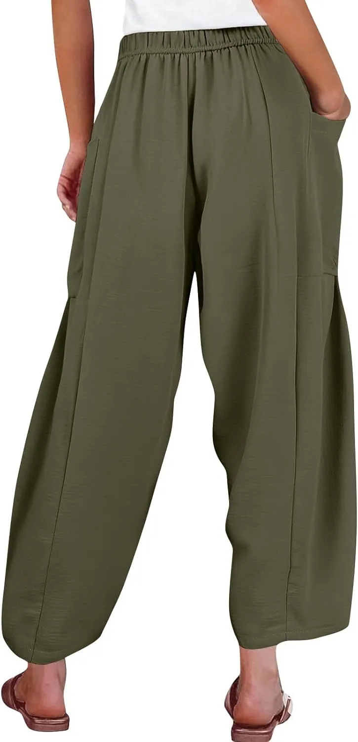 Wide Leg Harem Pants Women with Pockets Summer Casual Drawstring Plus Size Palazzo Pants 2025 Flowy Beach Cropped Pant