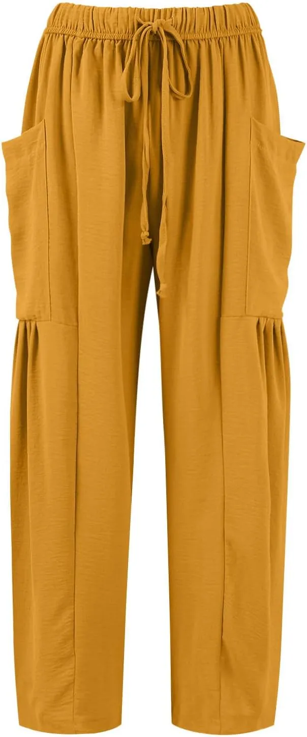 Wide Leg Harem Pants Women with Pockets Summer Casual Drawstring Plus Size Palazzo Pants 2025 Flowy Beach Cropped Pant