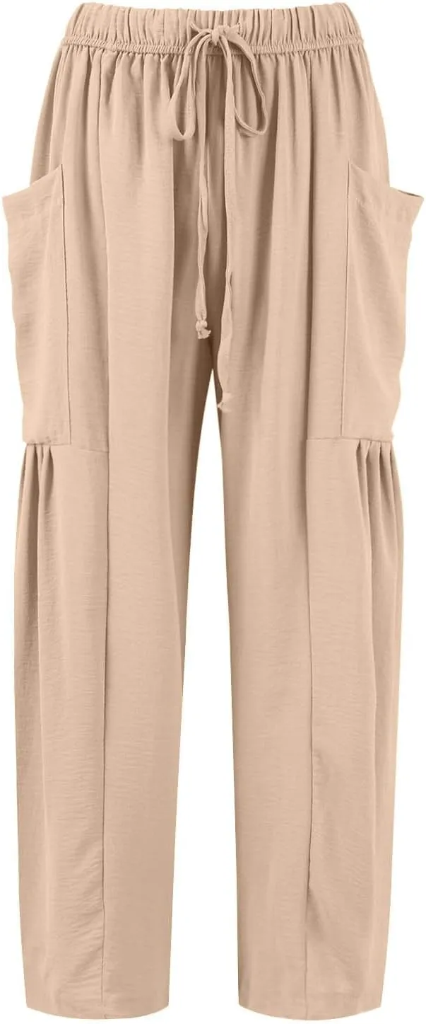 Wide Leg Harem Pants Women with Pockets Summer Casual Drawstring Plus Size Palazzo Pants 2025 Flowy Beach Cropped Pant