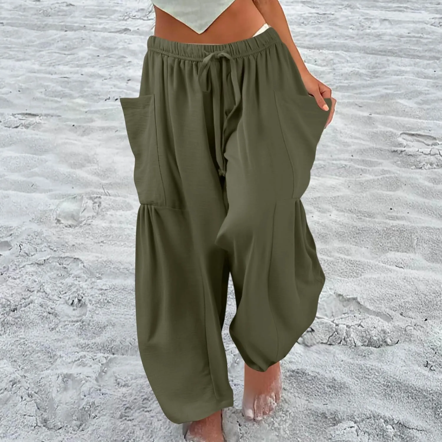 Wide Leg Harem Pants Women with Pockets Summer Casual Drawstring Plus Size Palazzo Pants 2025 Flowy Beach Cropped Pant