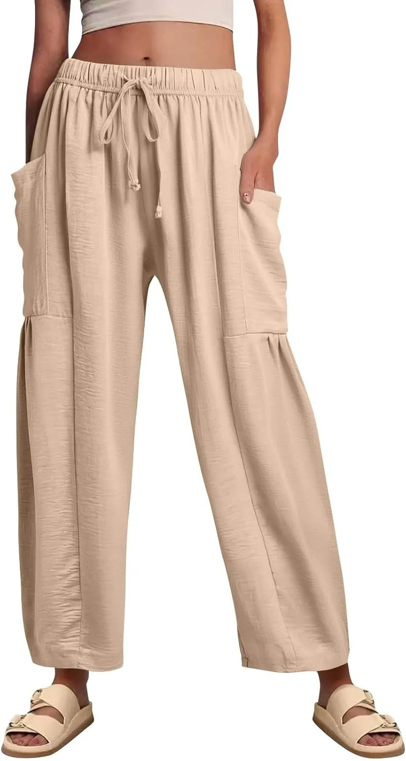 Wide Leg Harem Pants Women with Pockets Summer Casual Drawstring Plus Size Palazzo Pants 2025 Flowy Beach Cropped Pant