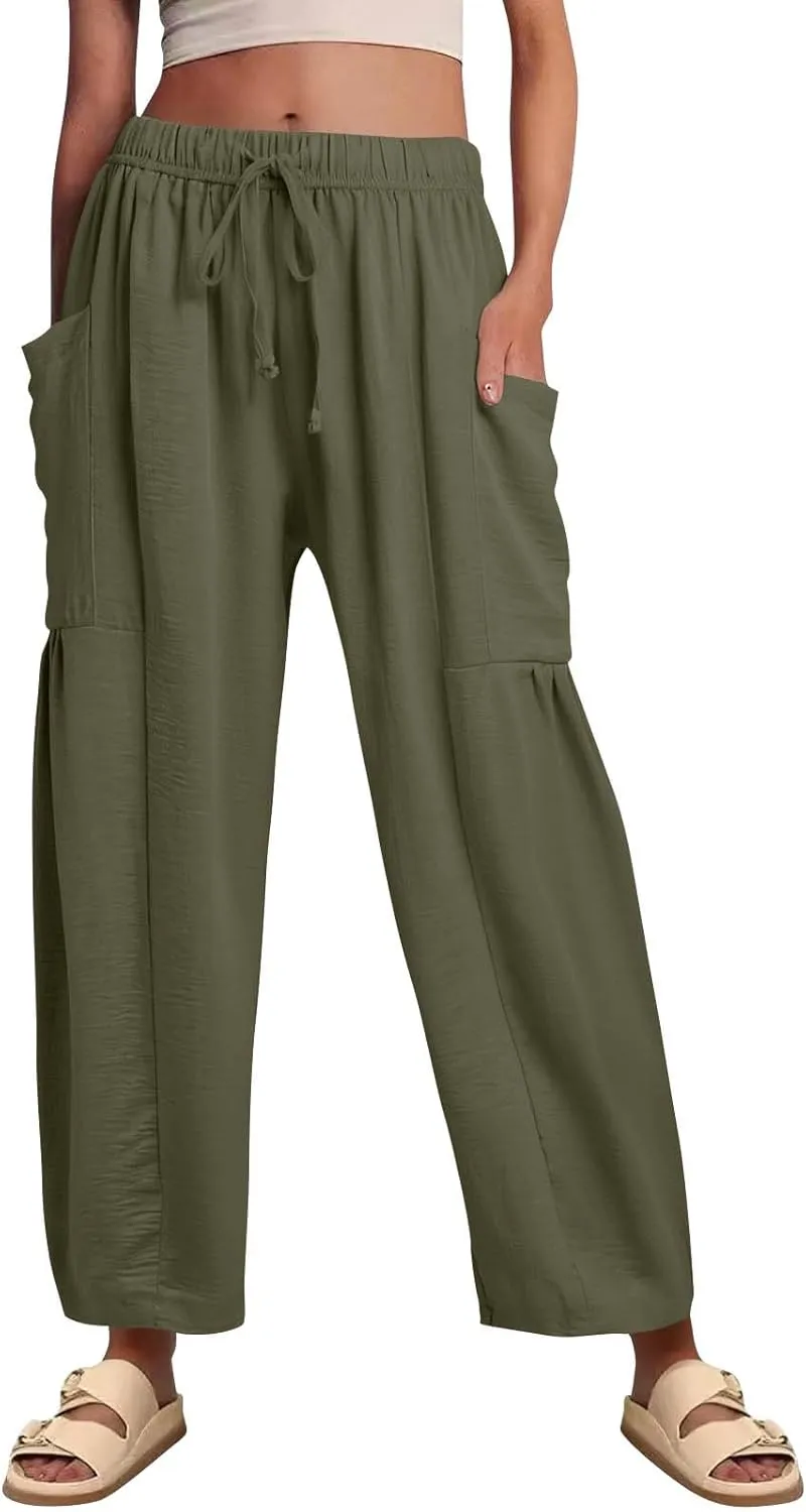 Wide Leg Harem Pants Women with Pockets Summer Casual Drawstring Plus Size Palazzo Pants 2025 Flowy Beach Cropped Pant
