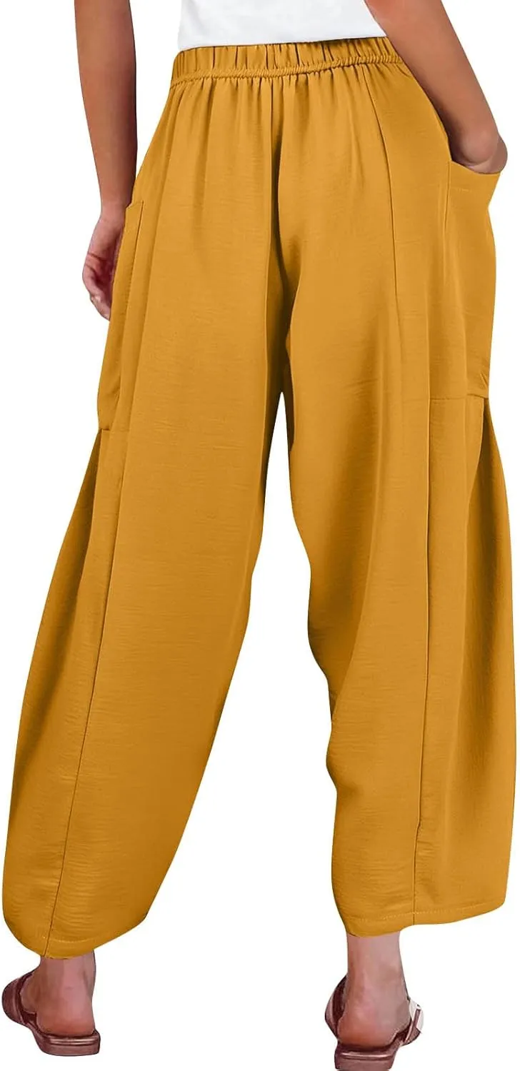 Wide Leg Harem Pants Women with Pockets Summer Casual Drawstring Plus Size Palazzo Pants 2025 Flowy Beach Cropped Pant