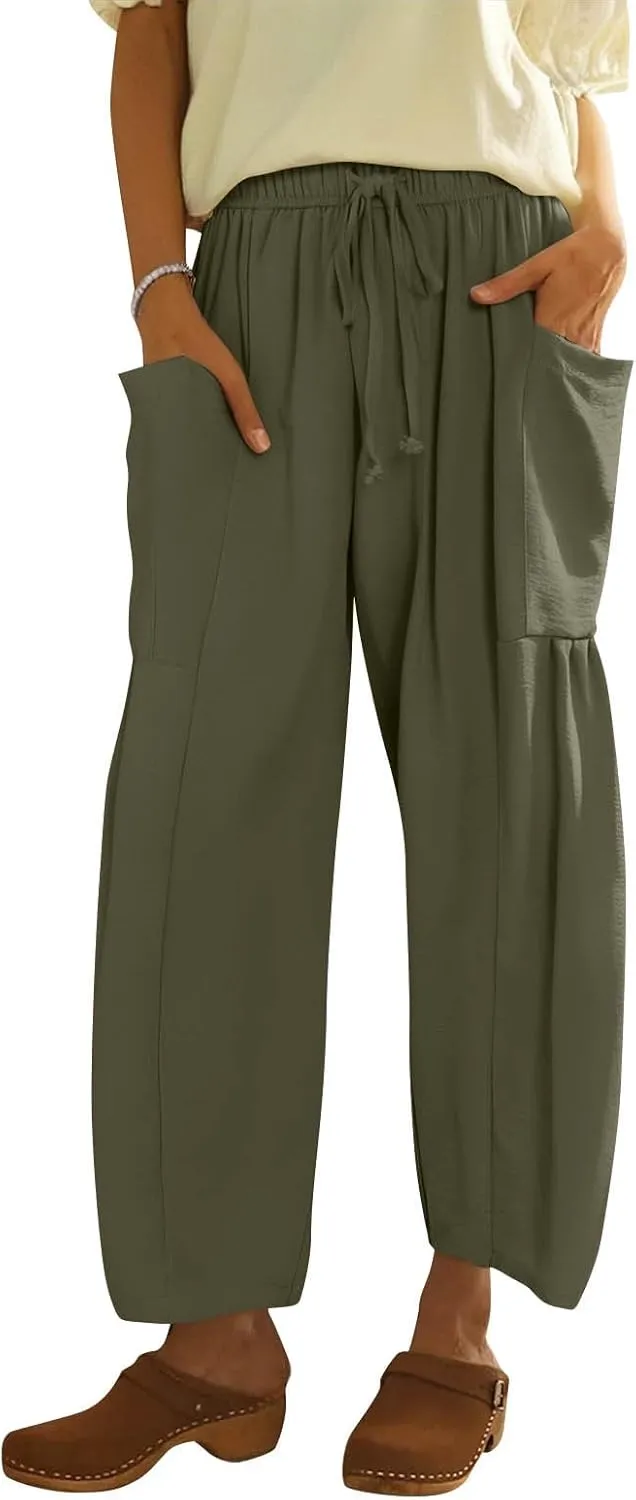 Wide Leg Harem Pants Women with Pockets Summer Casual Drawstring Plus Size Palazzo Pants 2025 Flowy Beach Cropped Pant