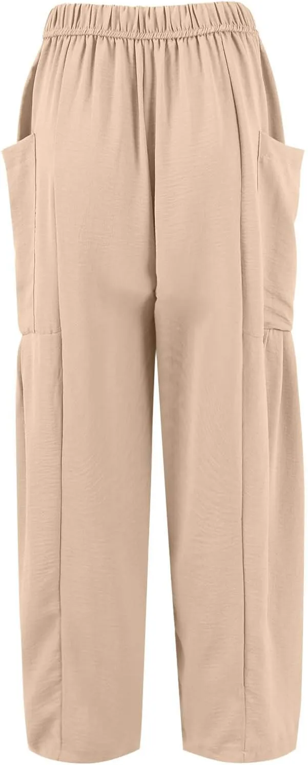 Wide Leg Harem Pants Women with Pockets Summer Casual Drawstring Plus Size Palazzo Pants 2025 Flowy Beach Cropped Pant
