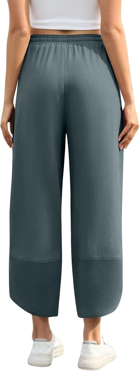 Wide Leg Linen Pants for Women Y2k Cropped Tulip Hem Beach Palazzo Pants Elastic Waist Barrel Sweatpants with Pockets