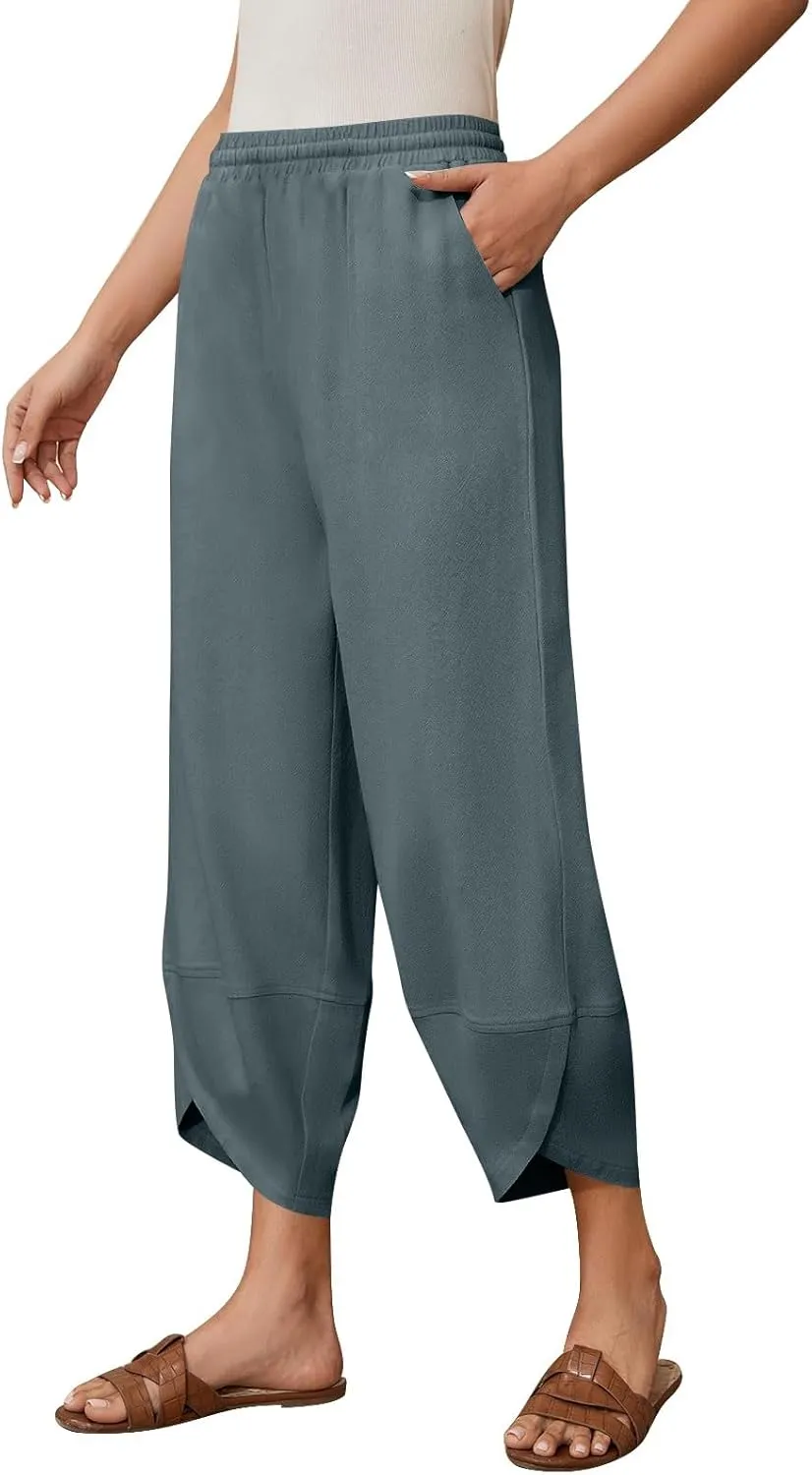 Wide Leg Linen Pants for Women Y2k Cropped Tulip Hem Beach Palazzo Pants Elastic Waist Barrel Sweatpants with Pockets