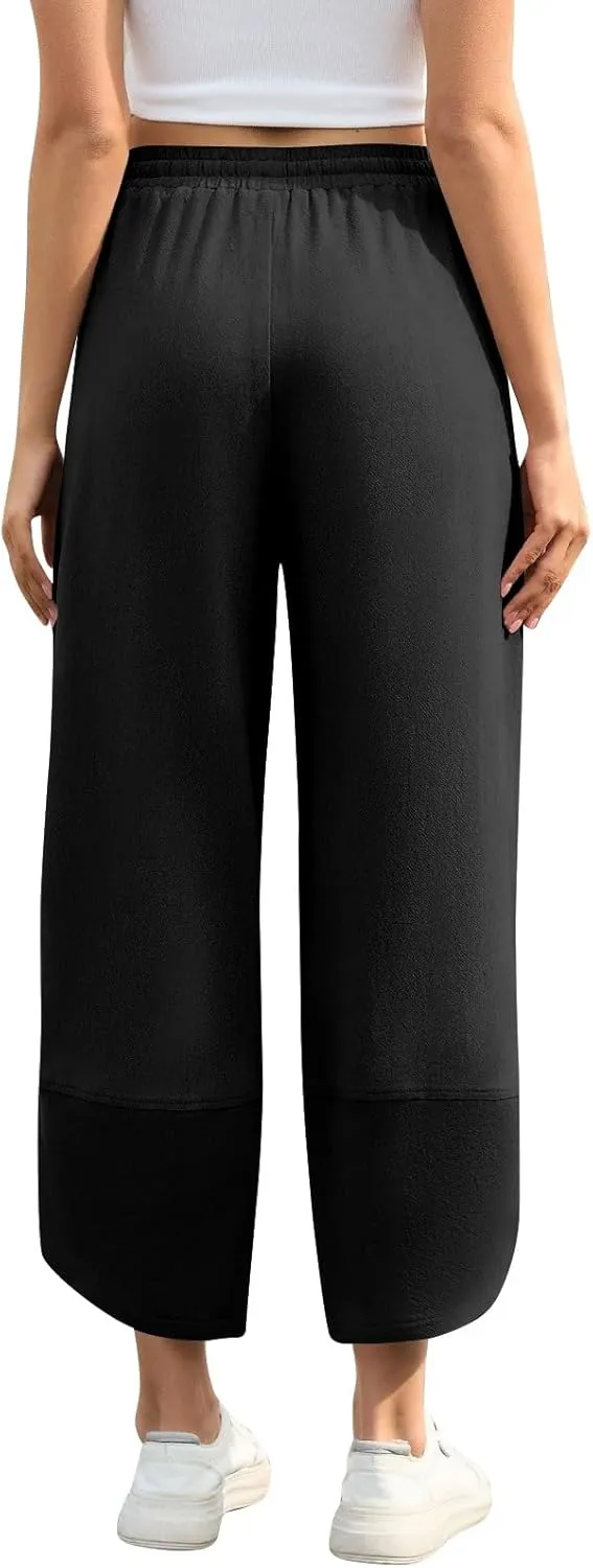 Wide Leg Linen Pants for Women Y2k Cropped Tulip Hem Beach Palazzo Pants Elastic Waist Barrel Sweatpants with Pockets