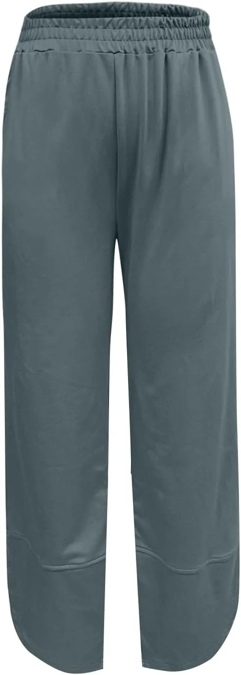Wide Leg Linen Pants for Women Y2k Cropped Tulip Hem Beach Palazzo Pants Elastic Waist Barrel Sweatpants with Pockets