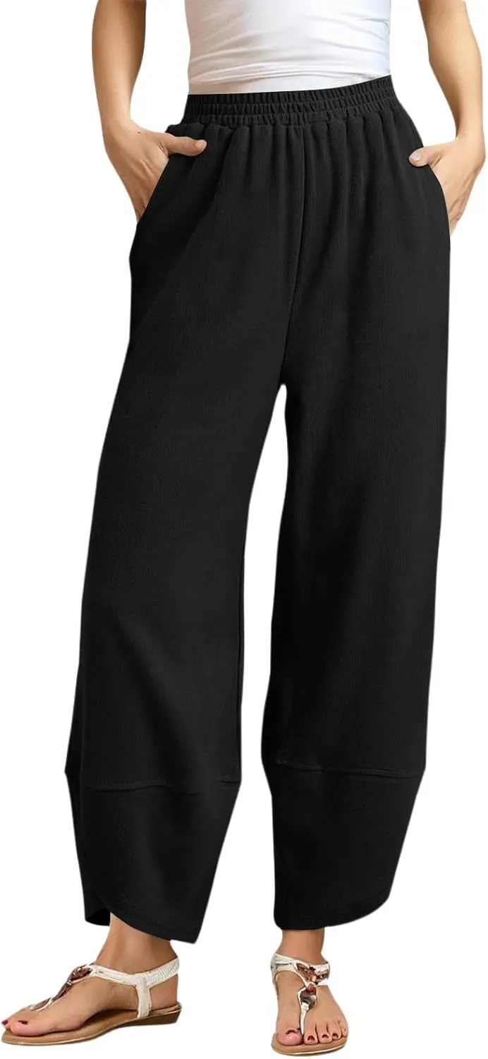 Wide Leg Linen Pants for Women Y2k Cropped Tulip Hem Beach Palazzo Pants Elastic Waist Barrel Sweatpants with Pockets