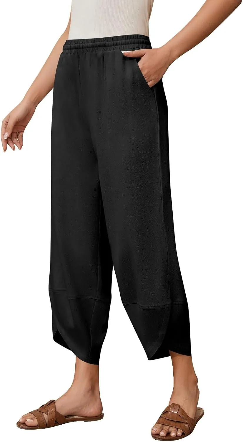 Wide Leg Linen Pants for Women Y2k Cropped Tulip Hem Beach Palazzo Pants Elastic Waist Barrel Sweatpants with Pockets