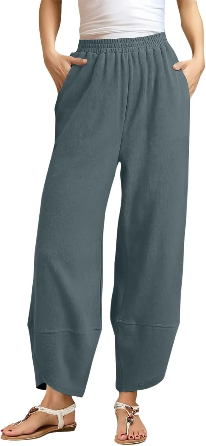 Wide Leg Linen Pants for Women Y2k Cropped Tulip Hem Beach Palazzo Pants Elastic Waist Barrel Sweatpants with Pockets