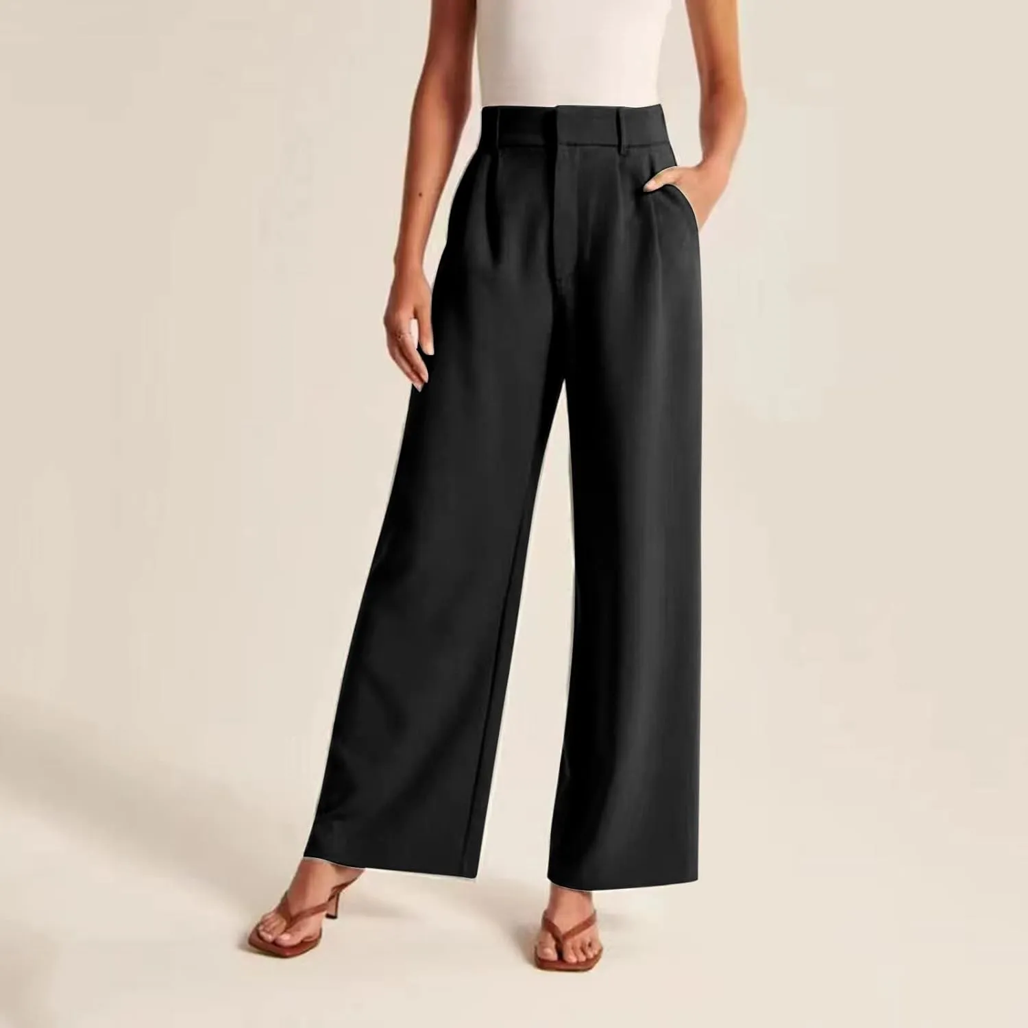 Wide Leg Pants High Elastic Waist Office Work Trousers Women Long Straight Suit Pants Casual Ladies Business Trouser